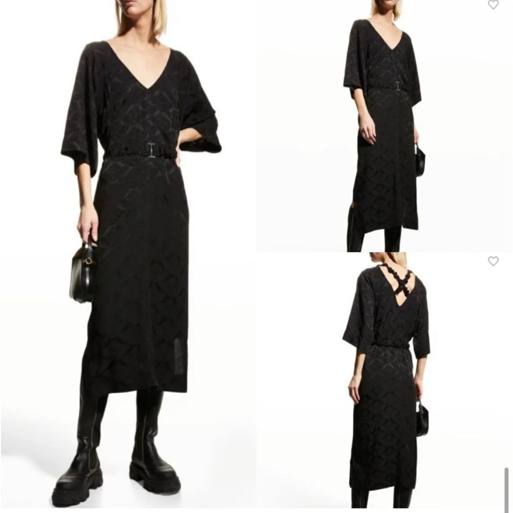 GANNI Belted Jacquard Print Black Midi Dress